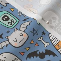 Halloween Doodle Skulls,Spiders,Skeleton,Bat, Ghost,Web, Zombies on Blue