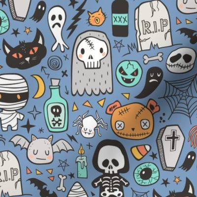 Halloween Doodle Skulls,Spiders,Skeleton,Bat, Ghost,Web, Zombies on Blue