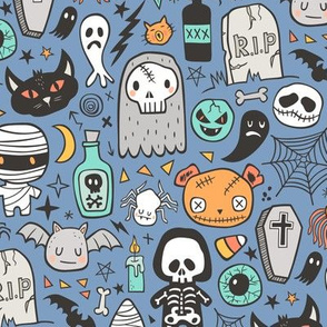 Halloween Doodle Skulls,Spiders,Skeleton,Bat, Ghost,Web, Zombies on Blue