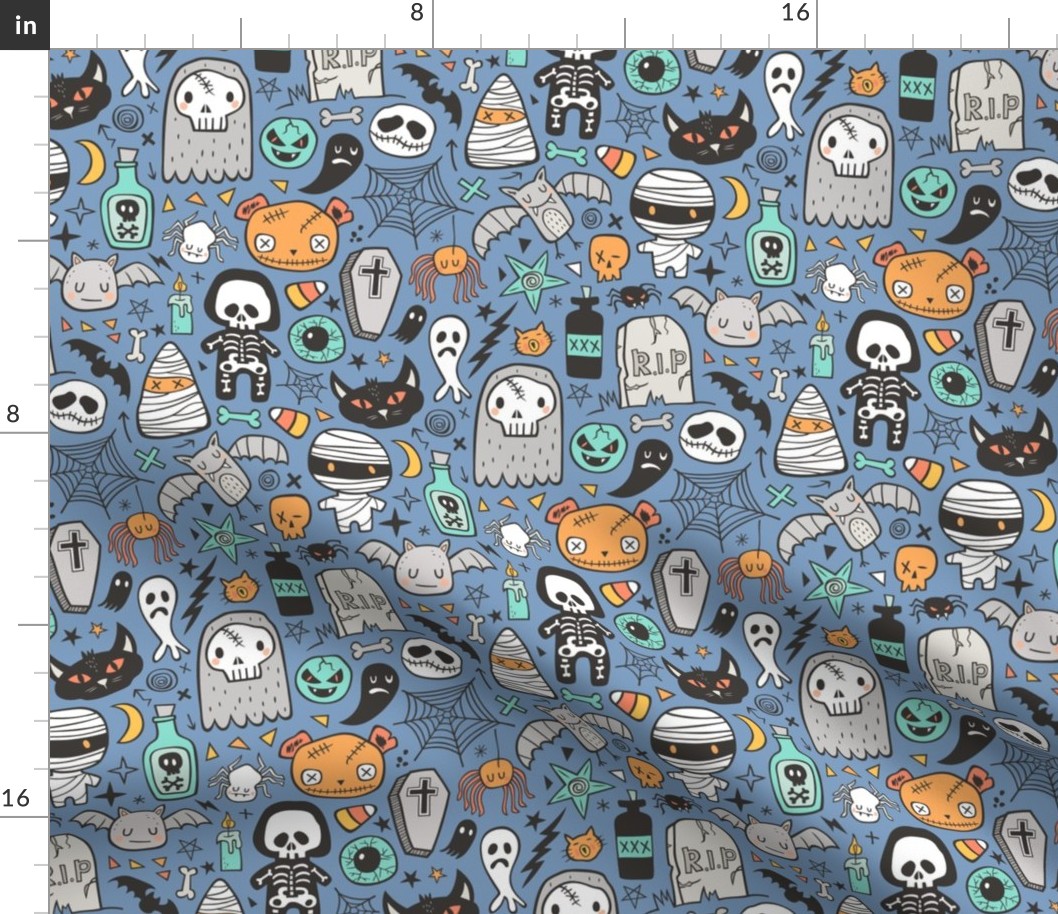 Halloween Doodle Skulls,Spiders,Skeleton,Bat, Ghost,Web, Zombies on Blue