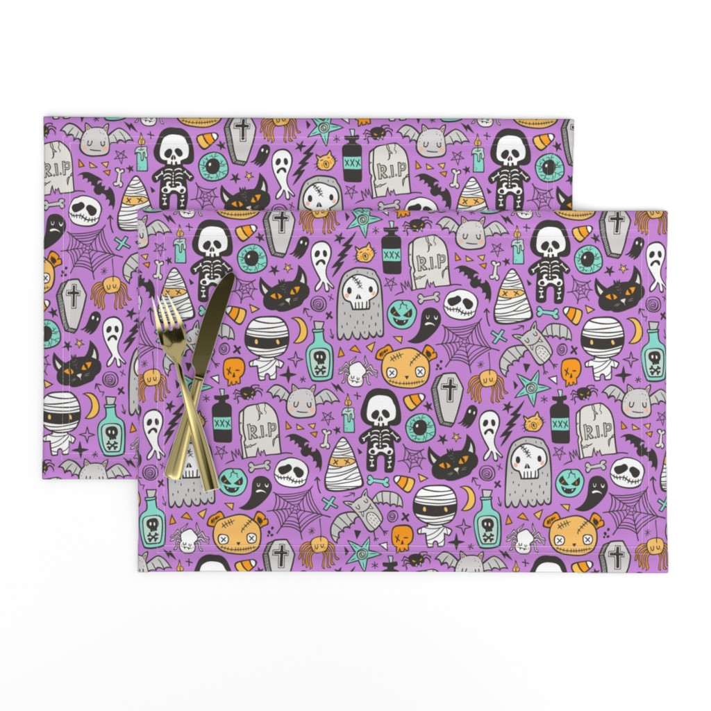 Halloween Doodle Skulls,Spiders,Skeleton,Bat, Ghost,Web, Zombies on Purple