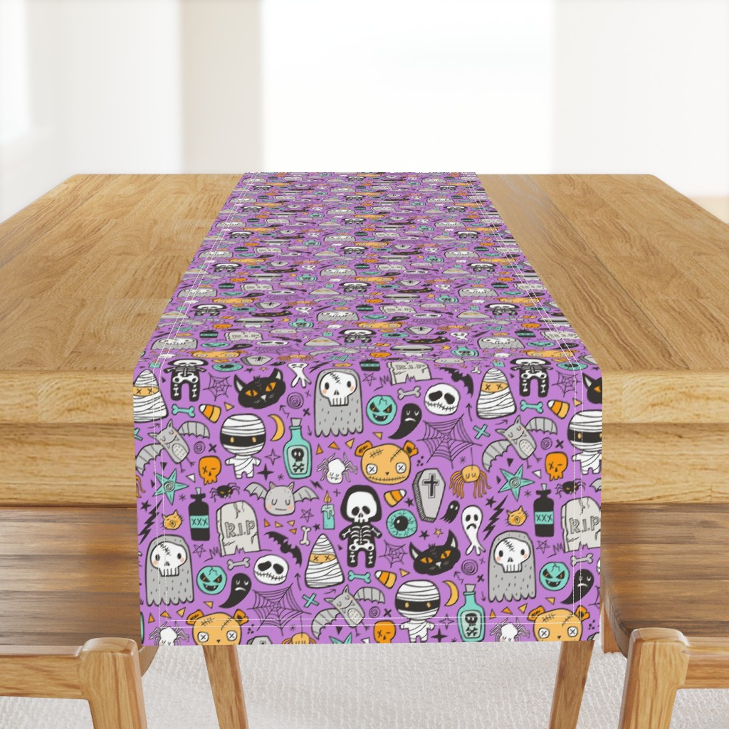 Halloween Doodle Skulls,Spiders,Skeleton,Bat, Ghost,Web, Zombies on Purple