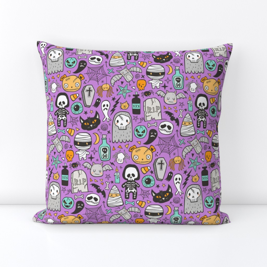 Halloween Doodle Skulls,Spiders,Skeleton,Bat, Ghost,Web, Zombies on Purple