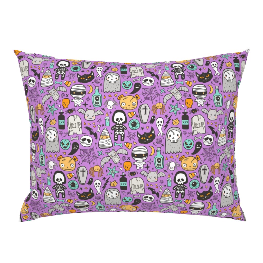 Halloween Doodle Skulls,Spiders,Skeleton,Bat, Ghost,Web, Zombies on Purple