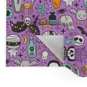 Halloween Doodle Skulls,Spiders,Skeleton,Bat, Ghost,Web, Zombies on Purple