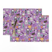 Halloween Doodle Skulls,Spiders,Skeleton,Bat, Ghost,Web, Zombies on Purple