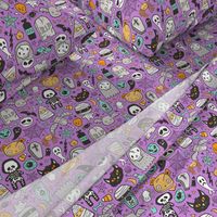 Halloween Doodle Skulls,Spiders,Skeleton,Bat, Ghost,Web, Zombies on Purple