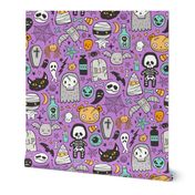 Halloween Doodle Skulls,Spiders,Skeleton,Bat, Ghost,Web, Zombies on Purple