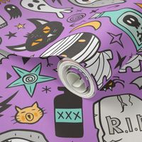 Halloween Doodle Skulls,Spiders,Skeleton,Bat, Ghost,Web, Zombies on Purple