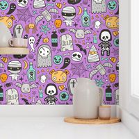 Halloween Doodle Skulls,Spiders,Skeleton,Bat, Ghost,Web, Zombies on Purple