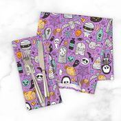 Halloween Doodle Skulls,Spiders,Skeleton,Bat, Ghost,Web, Zombies on Purple