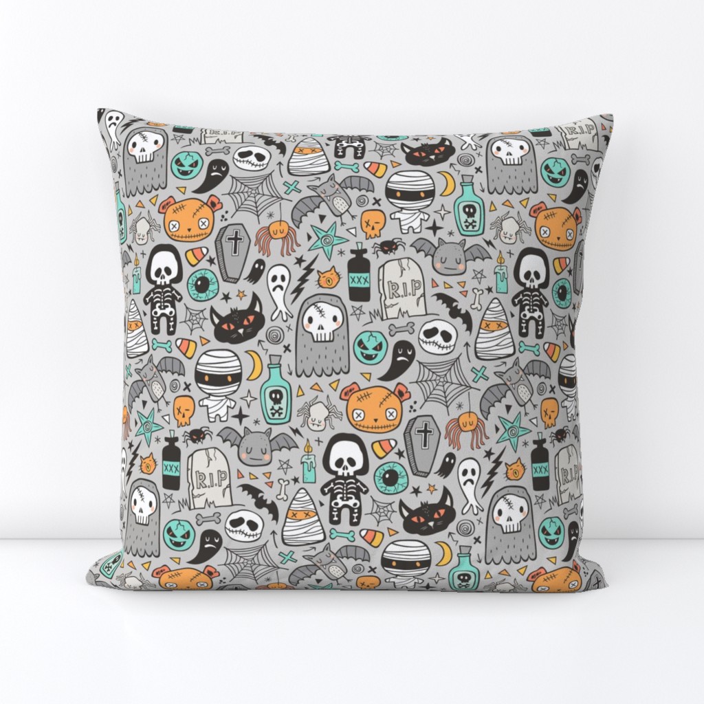 Halloween Doodle Skulls,Spiders,Skeleton,Bat, Ghost,Web, Zombies on Light Grey