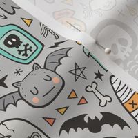 Halloween Doodle Skulls,Spiders,Skeleton,Bat, Ghost,Web, Zombies on Light Grey
