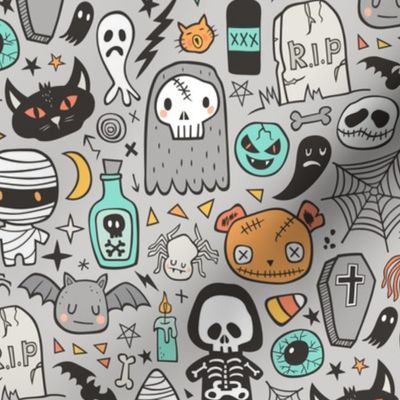 Halloween Doodle Skulls,Spiders,Skeleton,Bat, Ghost,Web, Zombies on Light Grey