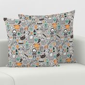 Halloween Doodle Skulls,Spiders,Skeleton,Bat, Ghost,Web, Zombies on Light Grey