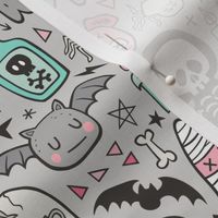 Halloween Doodle Skulls,Spiders,Skeleton,Bat, Ghost,Web, Zombies Pink Mint on Light Grey