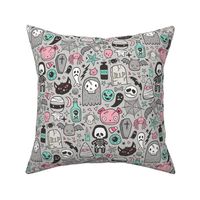 Halloween Doodle Skulls,Spiders,Skeleton,Bat, Ghost,Web, Zombies Pink Mint on Light Grey