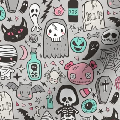 Halloween Doodle Skulls,Spiders,Skeleton,Bat, Ghost,Web, Zombies Pink Mint on Light Grey