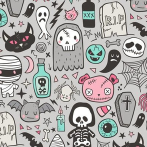 Halloween Doodle Skulls,Spiders,Skeleton,Bat, Ghost,Web, Zombies Pink Mint on Light Grey