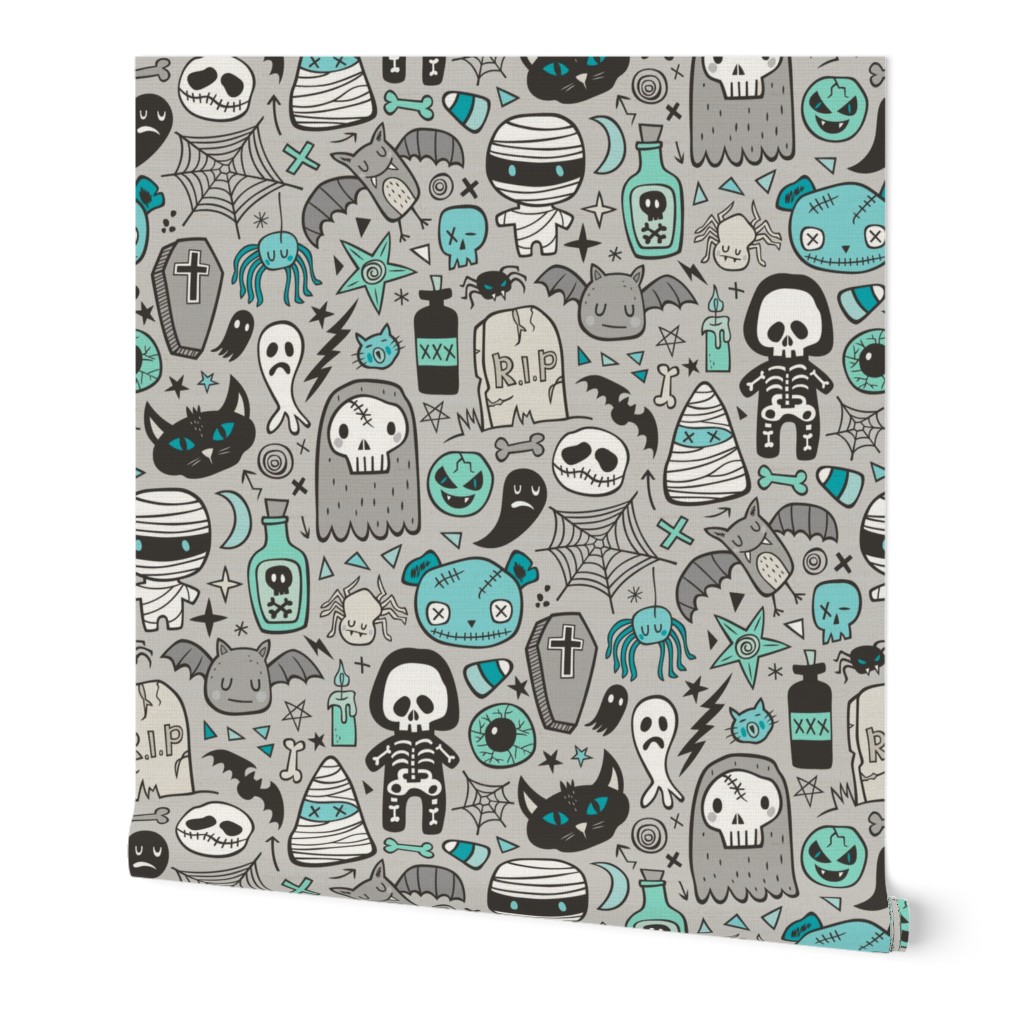 Halloween Doodle Skulls,Spiders,Skeleton,Bat, Ghost,Web, Zombies Mint Green Blue on Light Grey