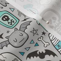 Halloween Doodle Skulls,Spiders,Skeleton,Bat, Ghost,Web, Zombies Mint Green Blue on Light Grey