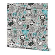 Halloween Doodle Skulls,Spiders,Skeleton,Bat, Ghost,Web, Zombies Mint Green Blue on Light Grey