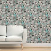 Halloween Doodle Skulls,Spiders,Skeleton,Bat, Ghost,Web, Zombies Mint Green Blue on Light Grey