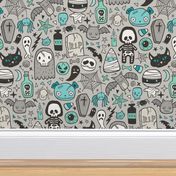 Halloween Doodle Skulls,Spiders,Skeleton,Bat, Ghost,Web, Zombies Mint Green Blue on Light Grey