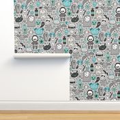 Halloween Doodle Skulls,Spiders,Skeleton,Bat, Ghost,Web, Zombies Mint Green Blue on Light Grey