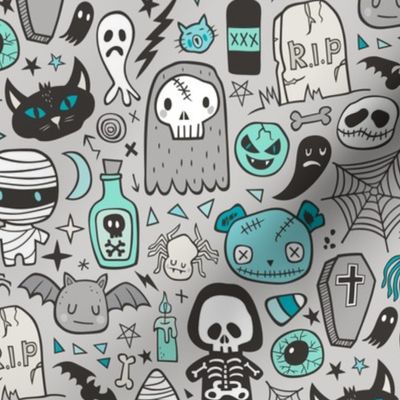 Halloween Doodle Skulls,Spiders,Skeleton,Bat, Ghost,Web, Zombies Mint Green Blue on Light Grey