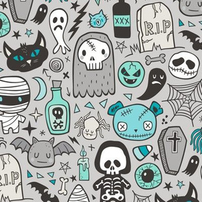 Halloween Doodle Skulls,Spiders,Skeleton,Bat, Ghost,Web, Zombies Mint Green Blue on Light Grey