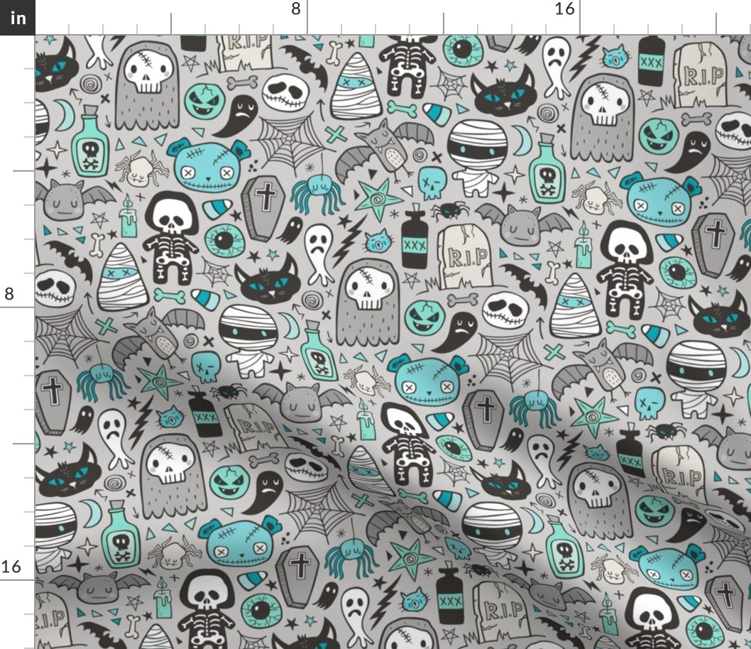 Halloween Doodle Skulls,Spiders,Skeleton,Bat, Ghost,Web, Zombies Mint Green Blue on Light Grey