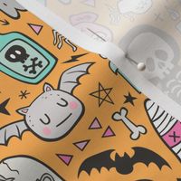 Halloween Doodle Skulls,Spiders,Skeleton,Bat, Ghost,Web, Zombies on Orange