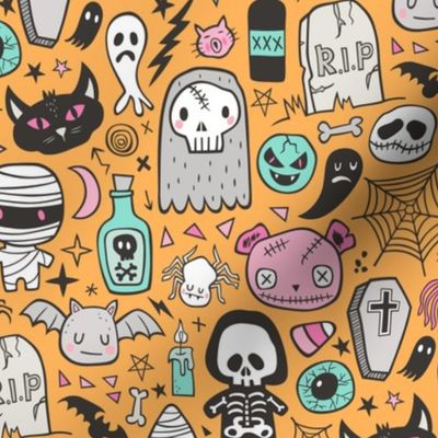 Halloween Doodle Skulls,Spiders,Skeleton,Bat, Ghost,Web, Zombies on Orange