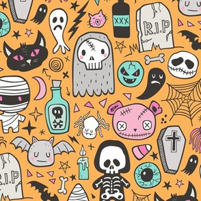 Halloween Doodle Skulls,Spiders,Skeleton,Bat, Ghost,Web, Zombies on Orange