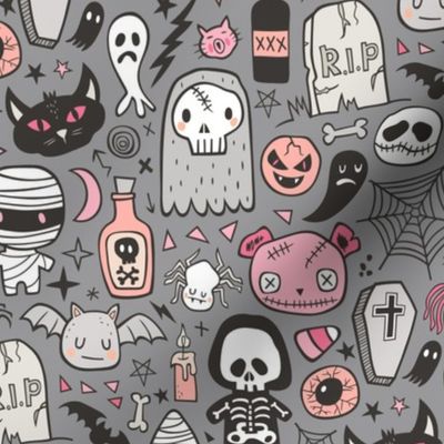 Halloween Doodle Skulls,Spiders,Skeleton,Bat, Ghost,Web, Zombies Pink Peach on Dark Grey
