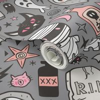 Halloween Doodle Skulls,Spiders,Skeleton,Bat, Ghost,Web, Zombies Pink Peach on Dark Grey