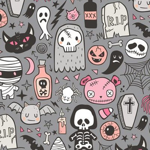 Halloween Doodle Skulls,Spiders,Skeleton,Bat, Ghost,Web, Zombies Pink Peach on Dark Grey