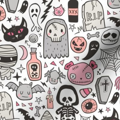 Halloween Doodle Skulls,Spiders,Skeleton,Bat, Ghost,Web, Zombies  Pink Peach on White