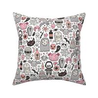 Halloween Doodle Skulls,Spiders,Skeleton,Bat, Ghost,Web, Zombies  Pink Peach on White