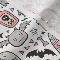 Halloween Doodle Skulls,Spiders,Skeleton,Bat, Ghost,Web, Zombies  Pink Peach on White