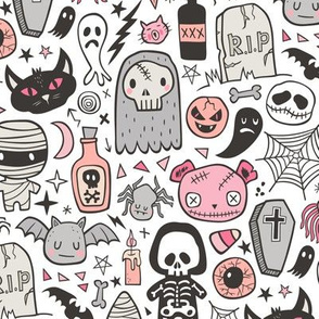 Halloween Doodle Skulls,Spiders,Skeleton,Bat, Ghost,Web, Zombies  Pink Peach on White