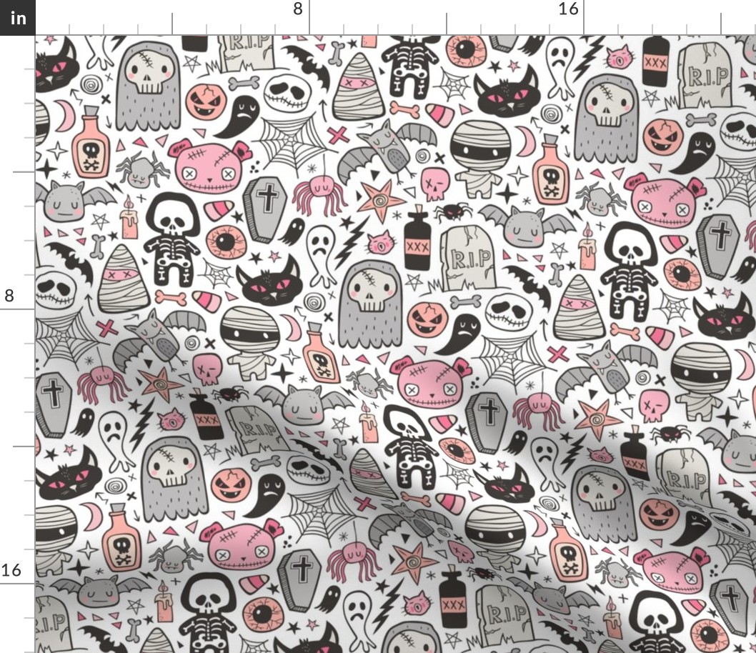 Halloween Doodle Skulls,Spiders,Skeleton,Bat, Ghost,Web, Zombies  Pink Peach on White