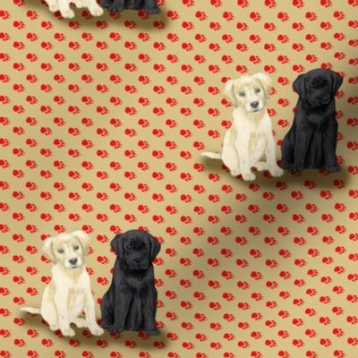 Two Sitting Labrador Retriever Puppies on Red Pawprints
