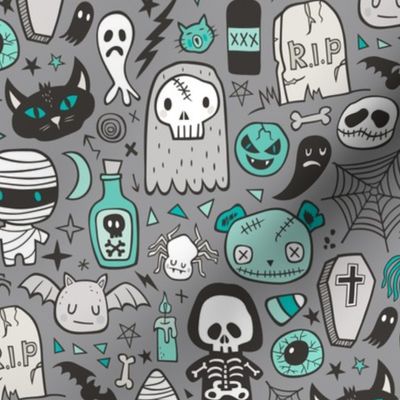 Halloween Doodle Skulls,Spiders,Skeleton,Bat, Ghost,Web, Zombies Mint Green on Dark Grey