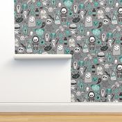 Halloween Doodle Skulls,Spiders,Skeleton,Bat, Ghost,Web, Zombies Mint Green on Dark Grey