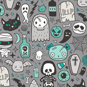 Halloween Doodle Skulls,Spiders,Skeleton,Bat, Ghost,Web, Zombies Mint Green on Dark Grey