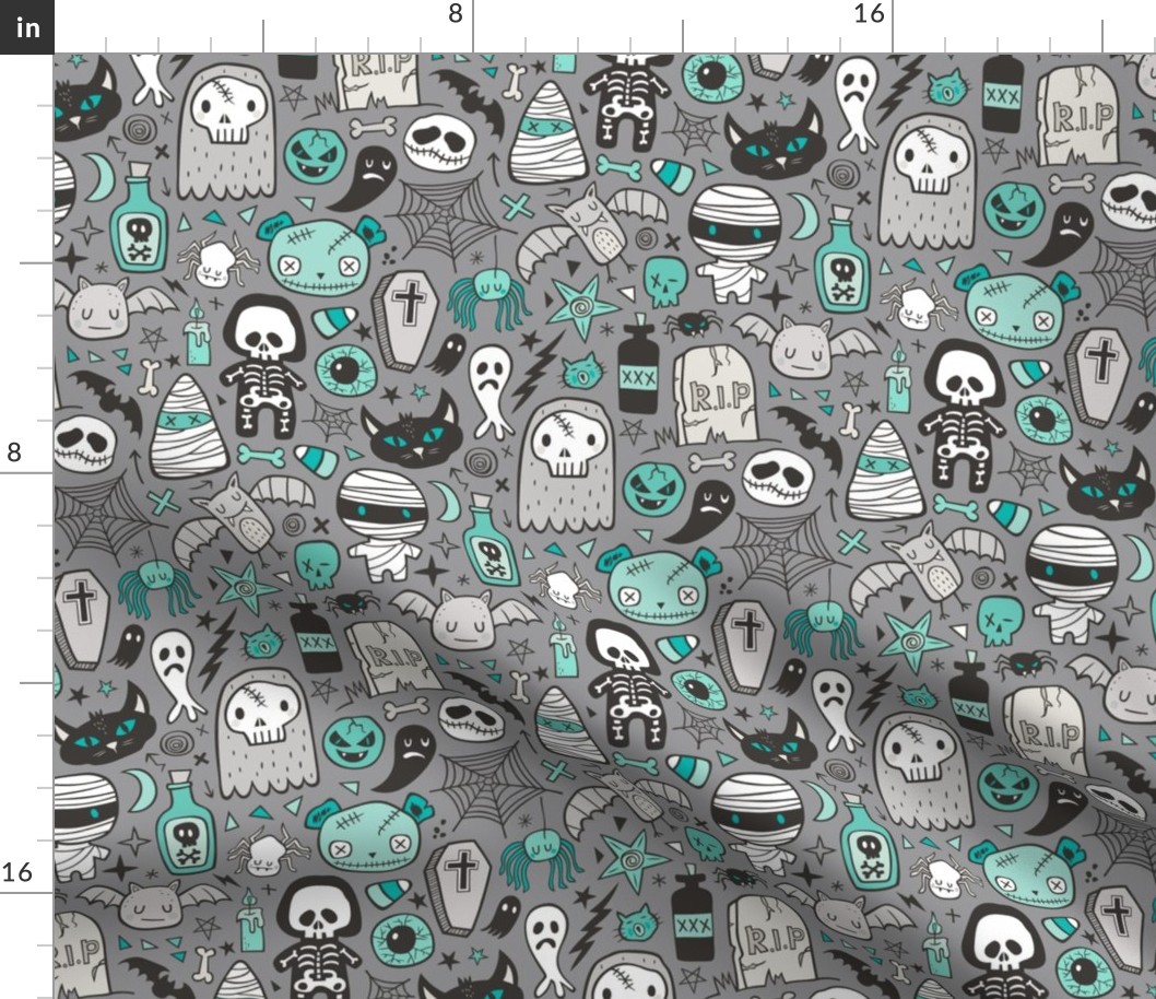 Halloween Doodle Skulls,Spiders,Skeleton,Bat, Ghost,Web, Zombies Mint Green on Dark Grey