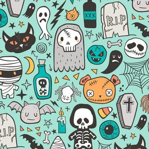 Halloween Doodle Skulls,Spiders,Skeleton,Bat, Ghost,Web, Zombies on Mint Green