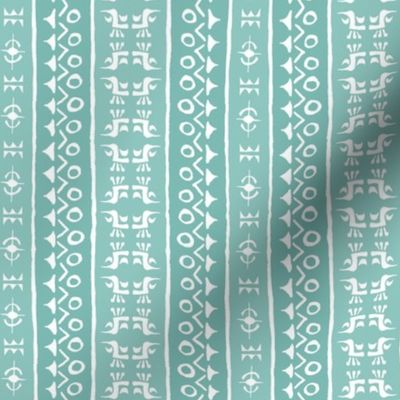 TRIBAL BIRD STRIPE Soft Aqua and White 